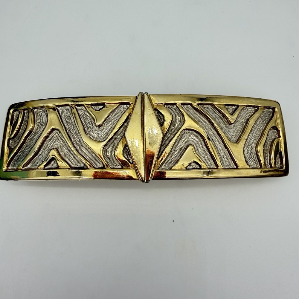 Vtg ACCESSOCRAFT N.Y. Gold Tone Statement Belt Buckle Modernist Silver Accent